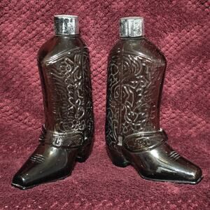 Vintage Avon Brown Glass Cowboy Boot Bottle Pair Silver Top 7 inches